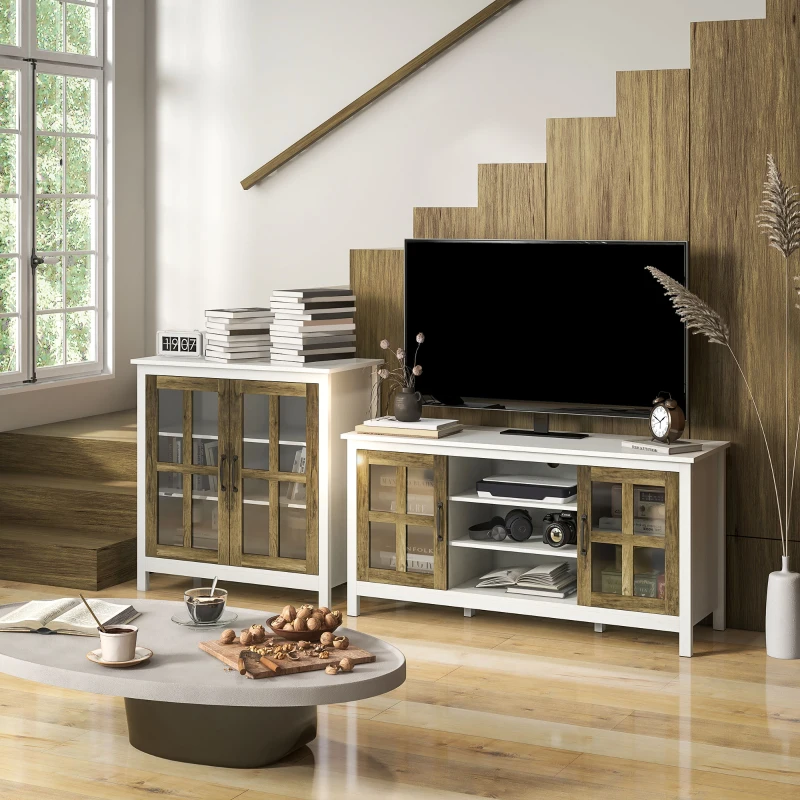 HOMCOM Sideboard Buffet Cabinet, Glass Door Kitchen Cabinet with Storage,  Accent Entryway Cabinet with Adjustable Shelf for Living Room, Distressed White