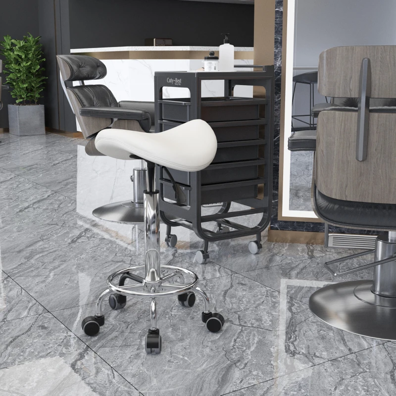 HOMCOM PU Leather Adjustable Stool, Rolling Saddle Stool with Wheels for Massage, Spa, Clinic, Beauty and Tattoo, White