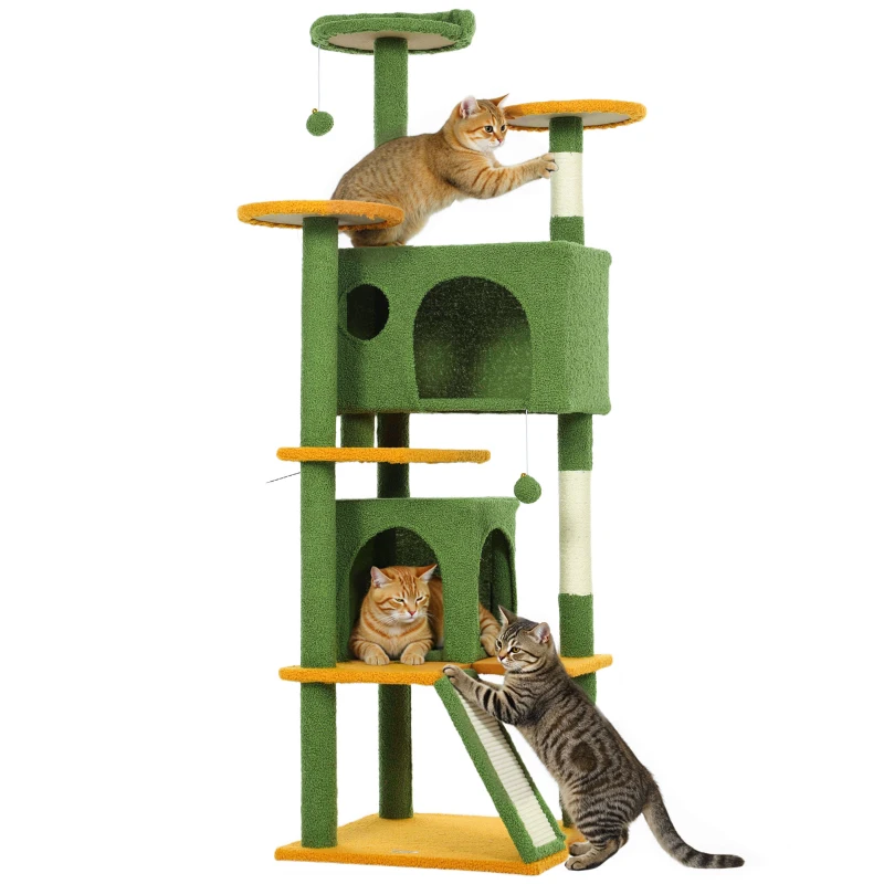 PawHut 63" Cat Tree, Multi-Level Cat Tower with Scratching Posts, Cat Condos, Bed, Platforms, Ramp, Toy Ball, Green