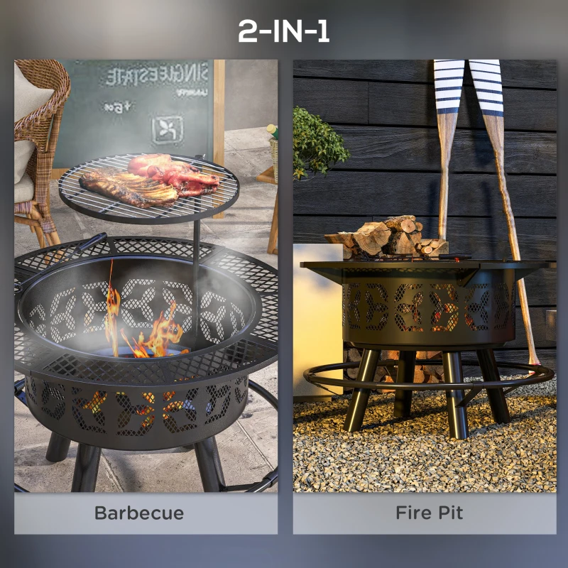 Outsunny Wood Burning Fire Pit, Charcoal BBQ Grill, Portable Firepit with Cooking Grate, Pan, and Poker, 33", Black