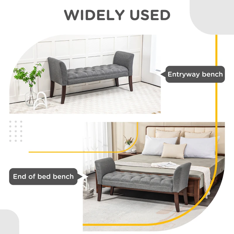 HOMCOM Upholstered Bedroom Entryway Bench with Button Tufted Design, End of Bed Bench with Arms and Solid Wood Legs, Dark Gray