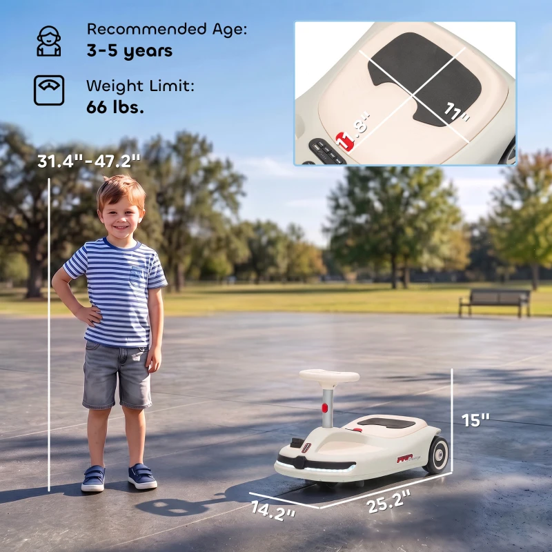 Qaba 12V Electric Wiggle Car with Convertible Steering Wheel Pull Handle, 2 Speed, Music, Lights for 3-5 Years, White