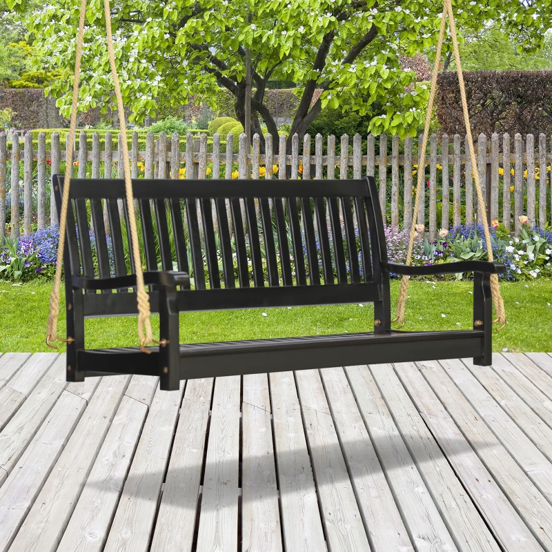 Outsunny 48'' 2-Seater Hanging Porch Swing, Outdoor Patio Wooden Swing Bench w/ Ropes, Slatted Design, 700 lb Weight Capacity, Black