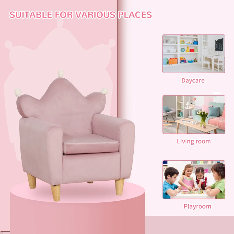 Qaba Soft Kids Sofa Chair, Single Lounger Armchair for Children with Strong Frame, Cute Pink Crown Throne for Relaxing, Watching TV, Studying