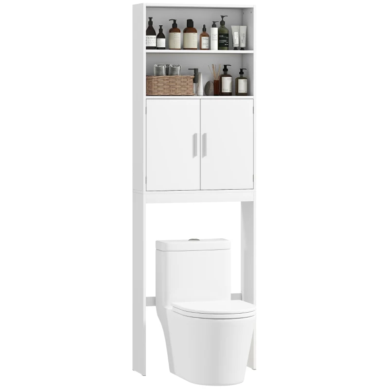 HOMCOM Over The Toilet Storage Shelf, Freestanding 4-Tier Bathroom Organizer with Adjustable Shelf and 2 Doors, White