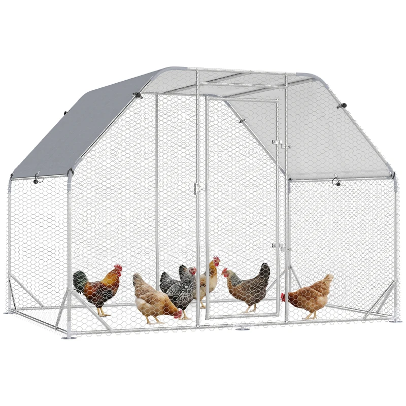 PawHut Chicken Run Outdoor, Galvanized Large Metal Chicken Coop Cage, Walk-in Enclosure Poultry Hen Run House Playpen Rabbit Hutch with Flat Roof, Cover, 9.2'x6.2'x6.5', Silver