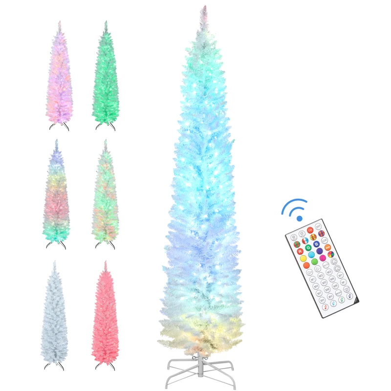 HOMCOM 7.5ft Christmas Tree with Colourful DIY Synchronized LEDs, Hinged Pencil Xmas Tree with Remote, Daily Timer, White