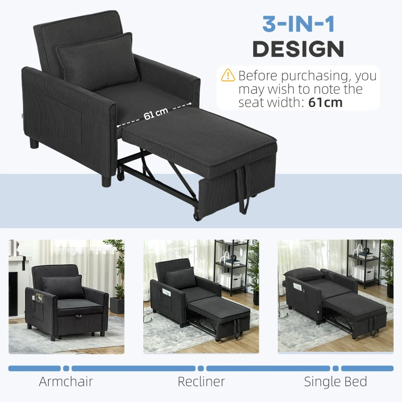 HOMCOM 3-in-1 Convertible Chair Bed, Pull Out Sofa Bed Sleeper Chair with Adjustable Backrest, Pillow, and Pockets, Dark Gray