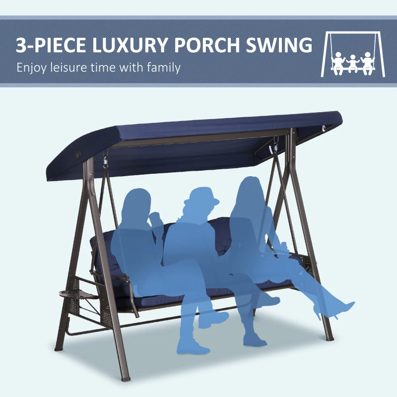 Outsunny 3-Seat Outdoor Porch Swing Chair with Adjustable Canopy, Cushion and Pillows for Garden, Poolside, Dark Blue