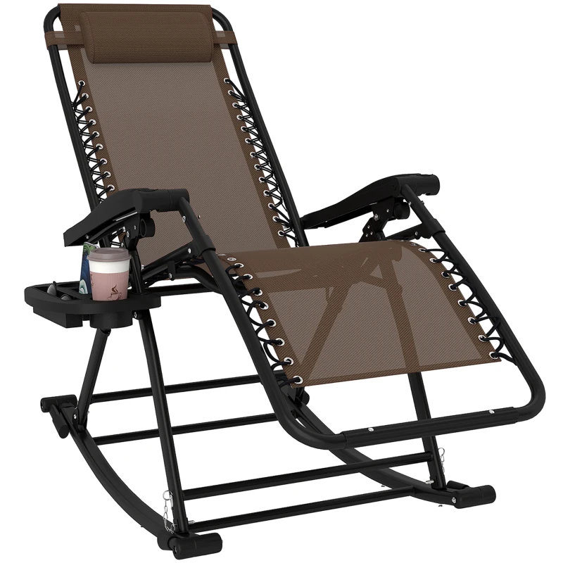 Outsunny Outdoor Rocking Chairs, Foldable Reclining Zero Gravity Lounge Rocker with Pillow, Cup & Phone Holder, Combo Design with Folding Legs, Brown