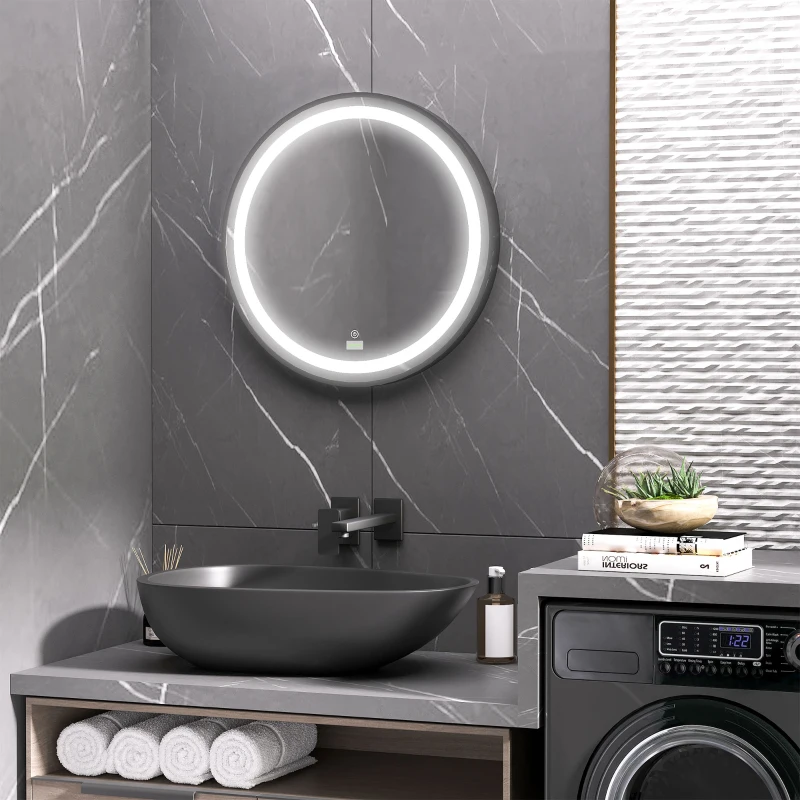 kleankin 24-Inch Lighted Bathroom Mirror for Wall, Dimmable LED Mirror with Memory Function, Round Mirror for Wall Decor