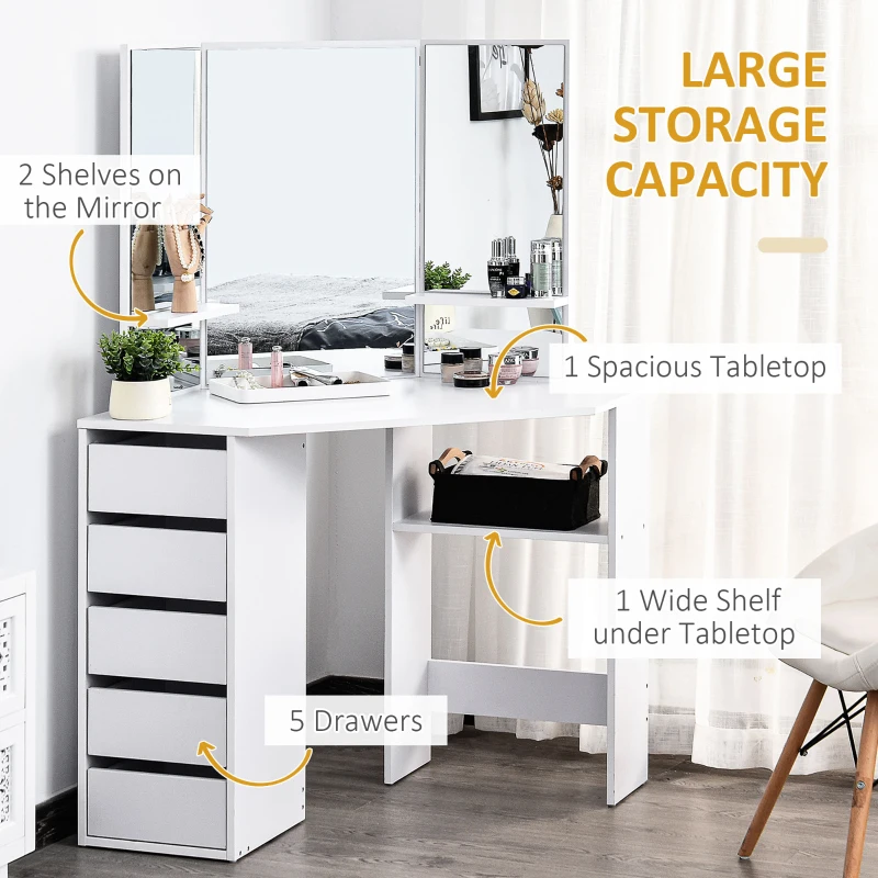 HOMCOM Corner Dressing Table, Makeup Desk with 3-piece Mirror and 5 Drawers, White