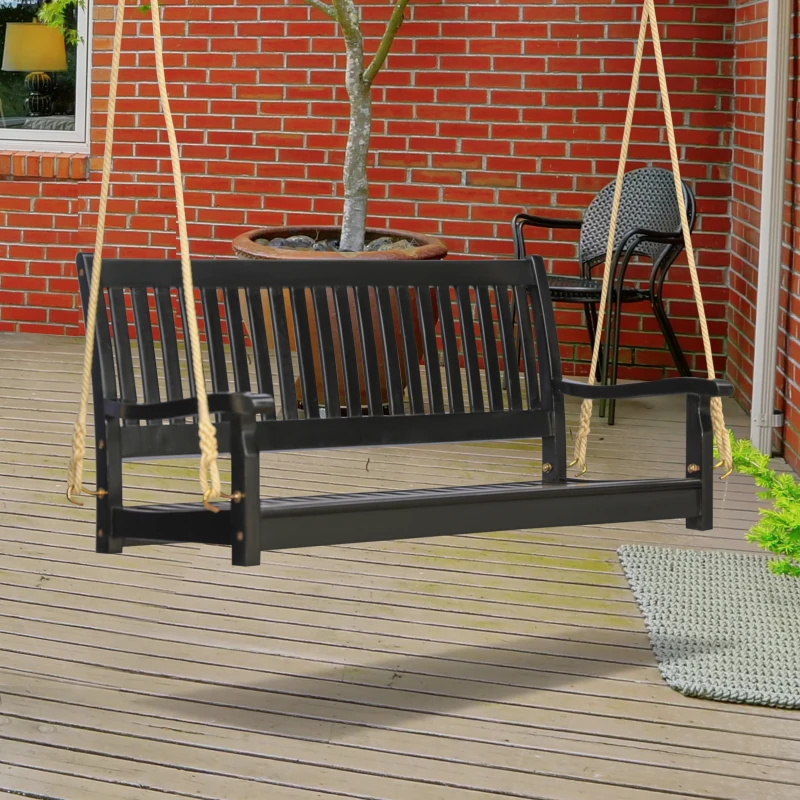 Outsunny 48'' 2-Seater Hanging Porch Swing, Outdoor Patio Wooden Swing Bench w/ Ropes, Slatted Design, 700 lb Weight Capacity, Black