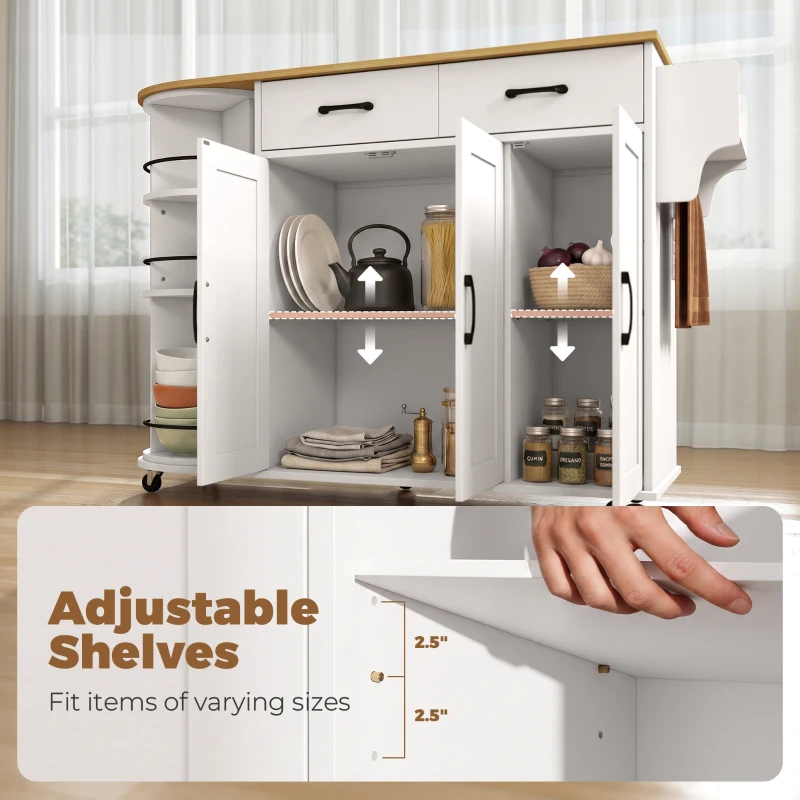 HOMCOM 53" Kitchen Island with Power Outlet and Drop Leaf, Kitchen Cart on Wheels with 360° Rotating Rack, White