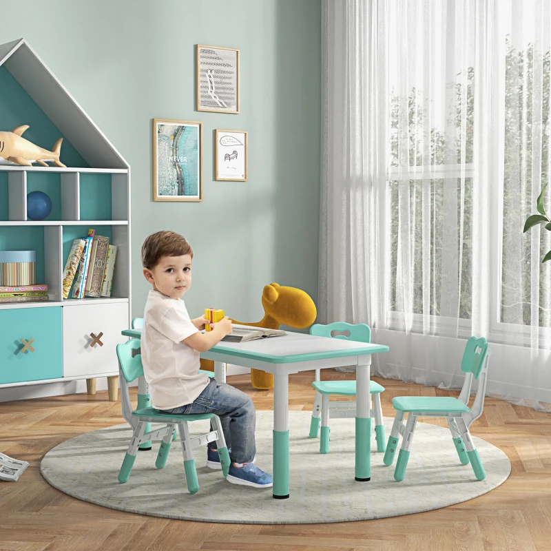 Qaba 5 Pieces Kids Table and Chairs, Height Adjustable Toddler Table and Chair Set with Storage, Easy to Wipe, Rectangular Table 4 Chairs for Classroom, for Daycare Classroom, 18 Months-5 Years, Green