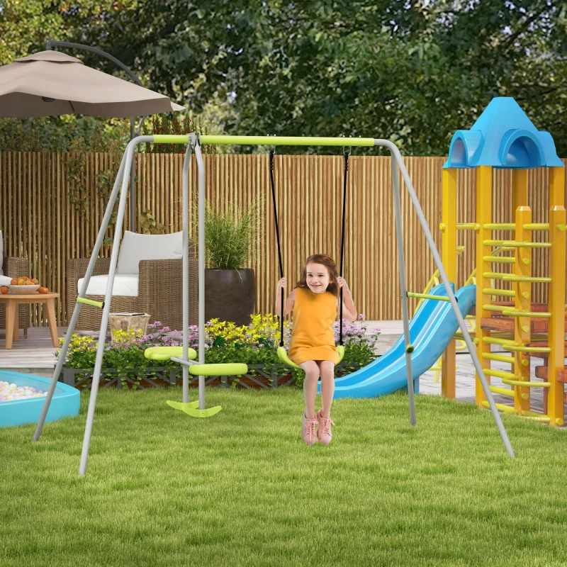 Outsunny Swing Set for Kids, Heavy Duty A-Frame Metal Swing Frame with Glider, Swing Seat, Ground Stakes for Backyard, Green