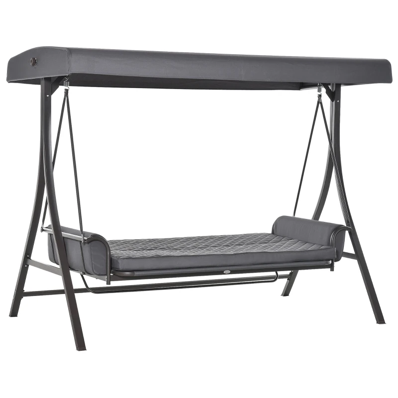 Outsunny 3 Person Patio Swing Chair Bed, Converting Flatbed, Outdoor Porch Swing Bed Glider with Adjustable Canopy, Removable Cushions, Pillows, for Garden, Poolside, Backyard, Dark Gray