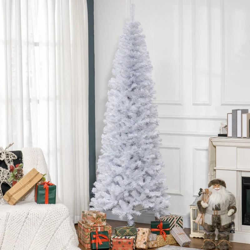 HOMCOM 7 FT Artificial Christmas Tree Pencil Xmas Tree with Stand, 818 Tips, Holiday Home Indoor Decoration for Party, White