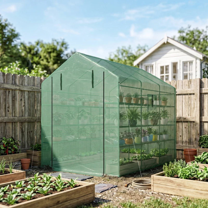 Outsunny 8' x 6' x 7' Temporary Greenhouse for Growing Flowers with Mesh Door & Windows Green