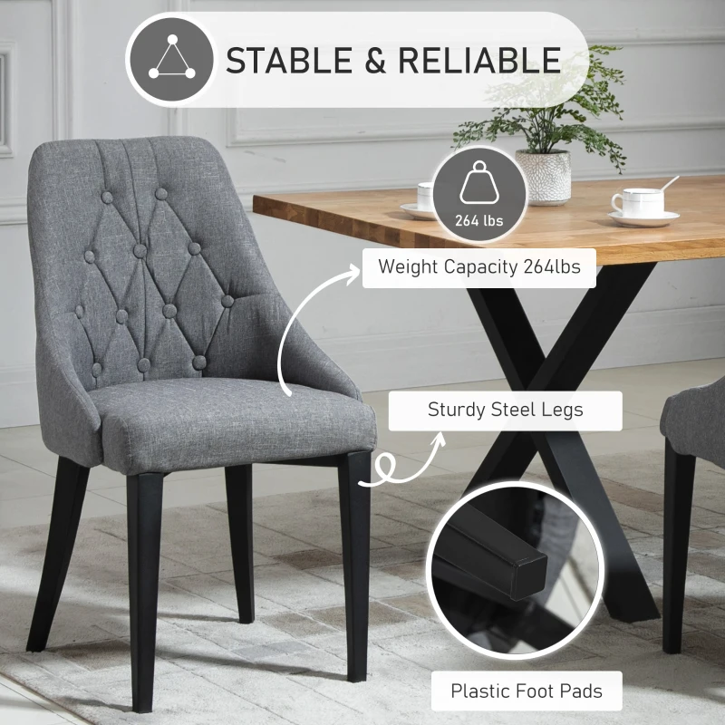HOMCOM Modern Dining Chairs Set of 2, Button Tufted High Back Accent Chairs with Upholstered Seat, Steel Legs for Living Room, Kitchen, Study, Dark Grey