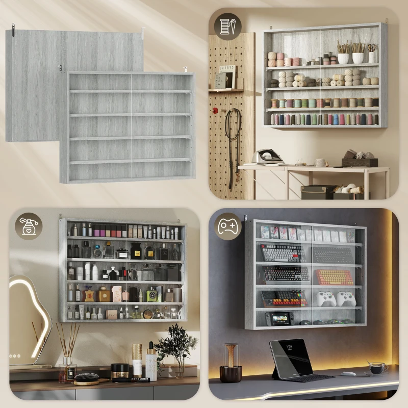HOMCOM 5-Tier Display Cabinet, Wall-Mounted Display Case with 2 Glass Doors and Adjustable Shelves, Gray