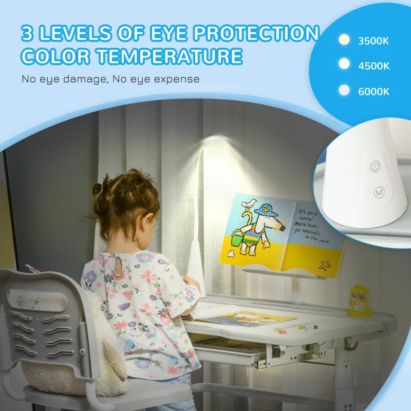 Qaba Kids Desk and Chair Set, Height Adjustable School Study Table and Chair, Student Writing Desk with Tilt Desktop, LED Light, Pen Box, Drawer, Reading Board, Cup Holder, and Pen Slots, Grey