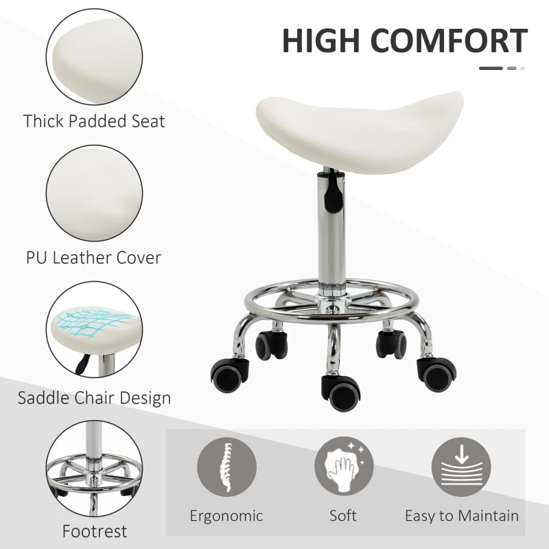 HOMCOM PU Leather Adjustable Stool, Rolling Saddle Stool with Wheels for Massage, Spa, Clinic, Beauty and Tattoo, White