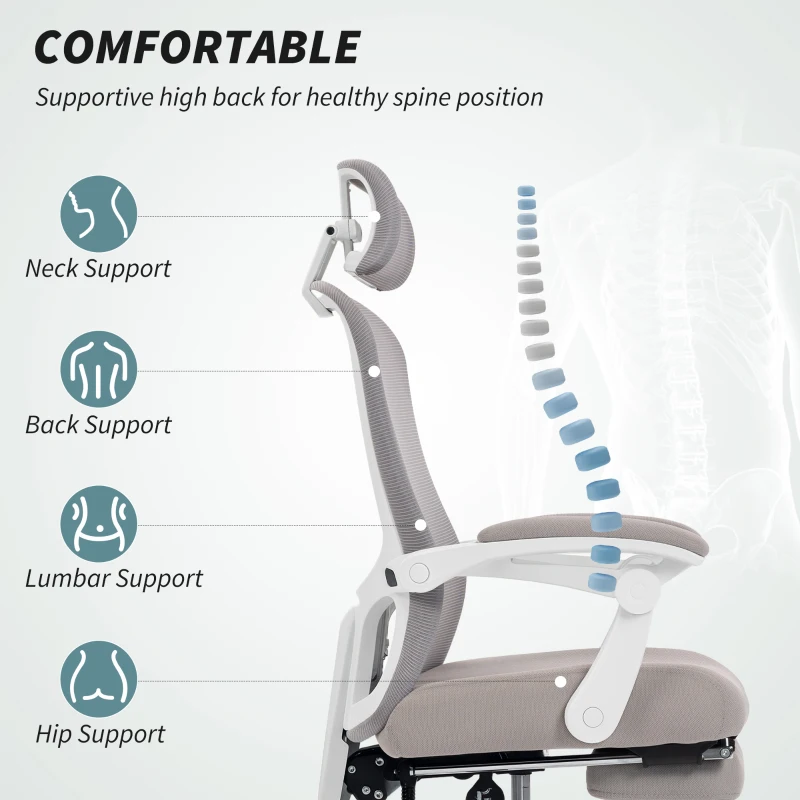 HOMCOM Ergonomic Office Chair, Mesh Reclining Desk Chair with Adjustable Lumbar Support, Headrest, Grey