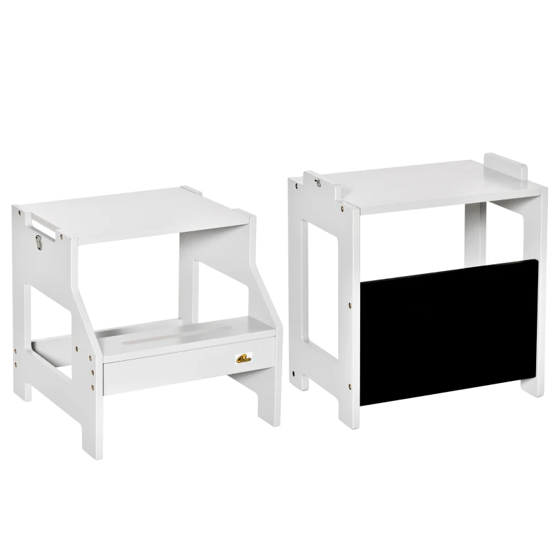 Qaba Kids Kitchen Step Stool, 2 in 1 Kitchen Table Set Toddler Standing Tower with Chalkboard, Safety Rail for Kitchen, Bathroom, Bedroom, Gray