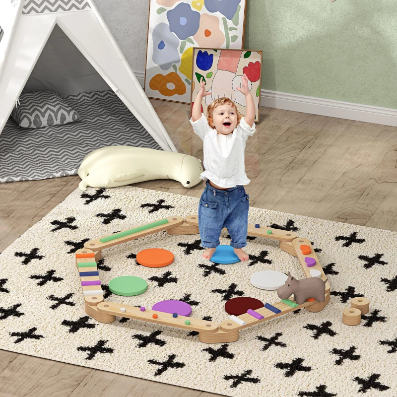 Qaba Kids Balance Beam, Wooden Balance Board with Stepping Stone for 3-8 Years