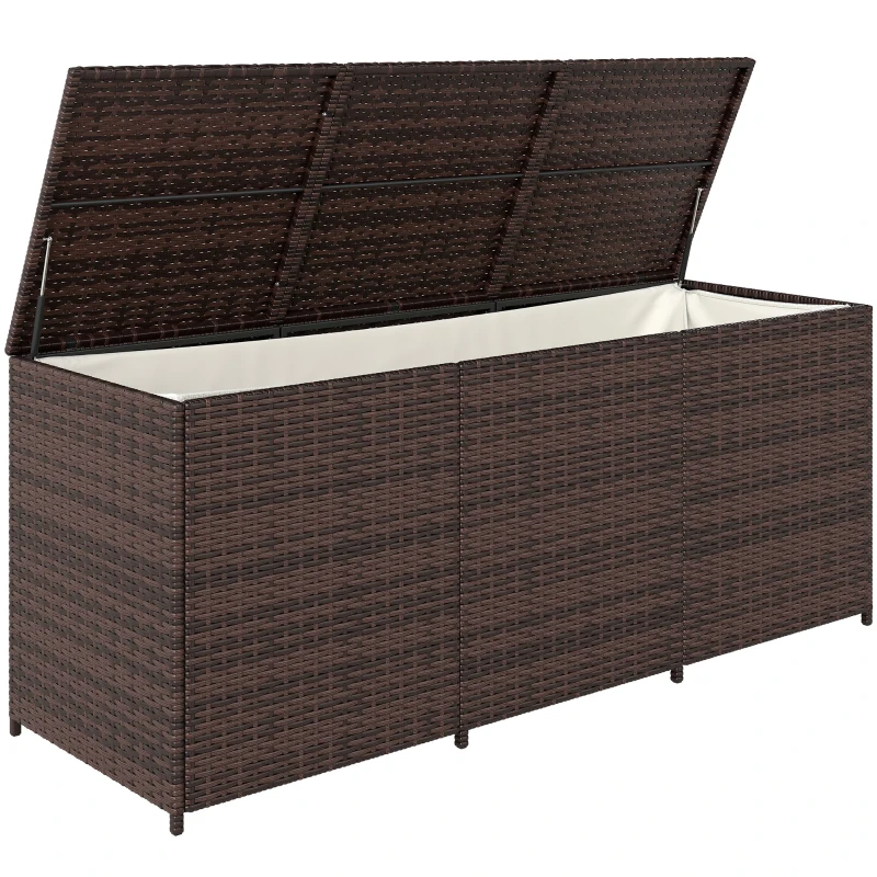 Outsunny 175 Gallon Outdoor Storage Box with Inner Liner, PE Rattan Wicker Deck Box with Pneumatic Bar Lift, Mixed Brown