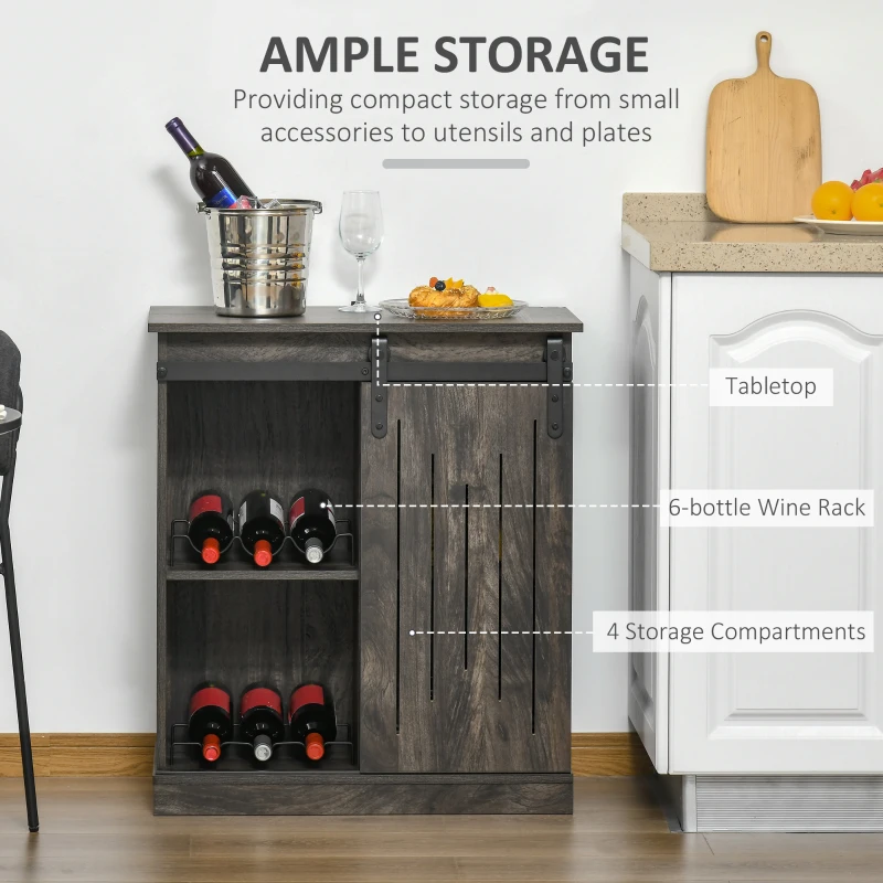HOMCOM Industrial Sideboard Storage Cabinet, Serving Bar Buffet with Sliding Barn Door and 6-Bottle Wine Rack, gray