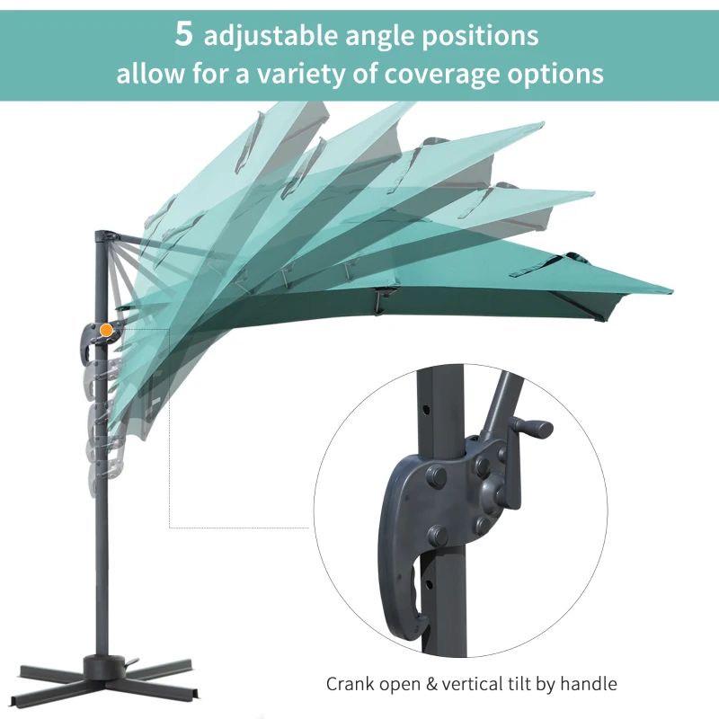 Outsunny 8' x 8' Square Patio Hanging Offset Umbrella Aluminum Outdoor Cantilever Crank Market Parasol Garden Sun Canopy Shelter 360° Rotation w/Cross Base Green