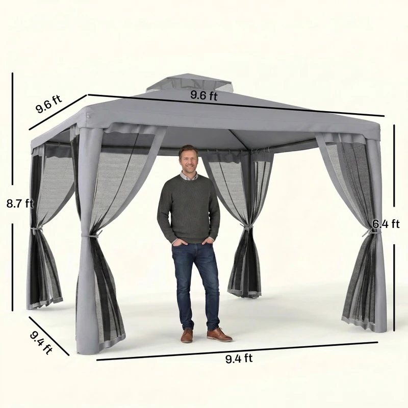 Outsunny 9.6' x 9.6' Patio Gazebo, Outdoor Canopy Shelter with 2-Tier Roof and Netting, Steel Frame for Garden, Lawn, Backyard, and Deck, Gray
