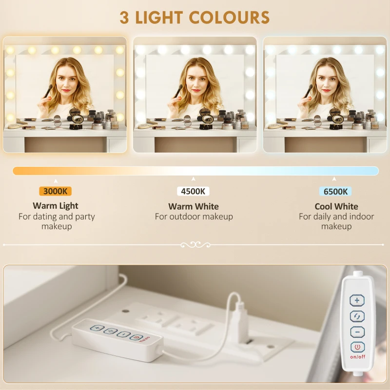 HOMCOM Vanity Desk with Mirror and 12 LED Lights, Makeup Table w/ Power Outlet, 3 Light Colour, 6 Drawers and 2 Shelves, White