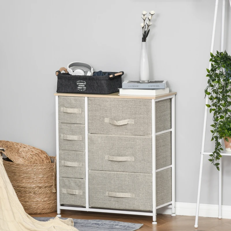 HOMCOM 7-Drawer Dresser Storage Tower Cabinet Organizer Unit, Easy Pull Fabric Bins with Metal Frame for Bedroom, Closets, Light Gray