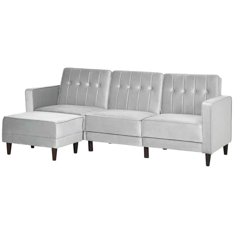 HOMCOM Upholstered L-Shaped Sofa Bed, Reversible Sectional Recliner Sofa Set, Velvet-Feel Sleeper Futon with Footstool, Grey