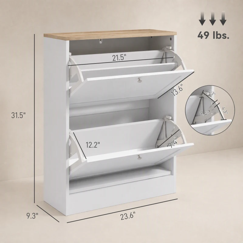 HOMCOM Slim Shoe Storage Cabinet, Modern Shoe Cabinet with 2 Flip Drawers and Adjustable Shelves for 8-12 Pairs, White