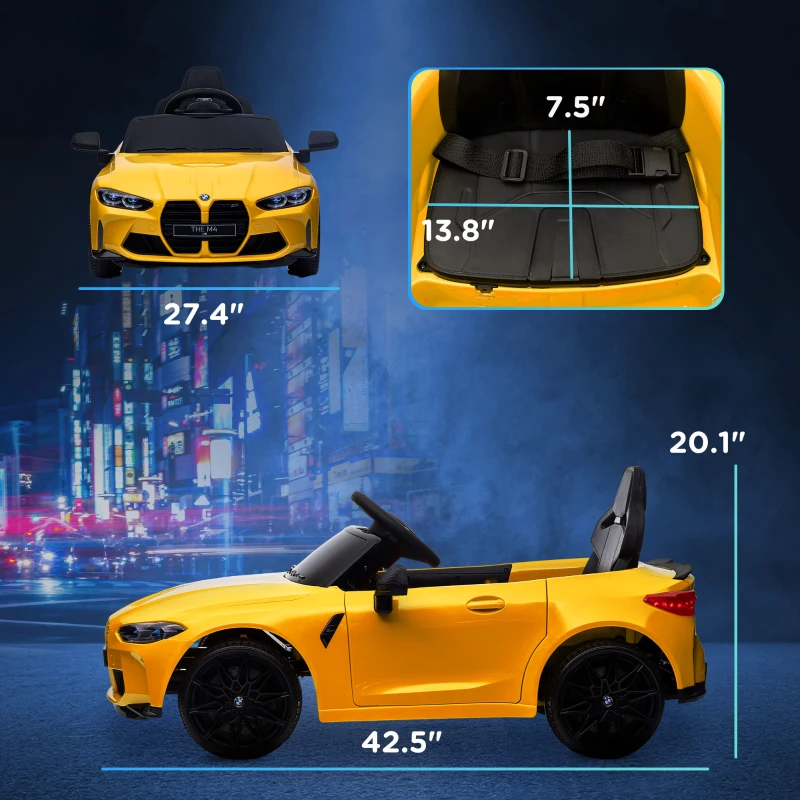Qaba BMW M4 Licensed 12V Ride on Car, Kids Car w/ Remote Control, Suspension, Handle Attachment, LED Lights, Music, Yellow