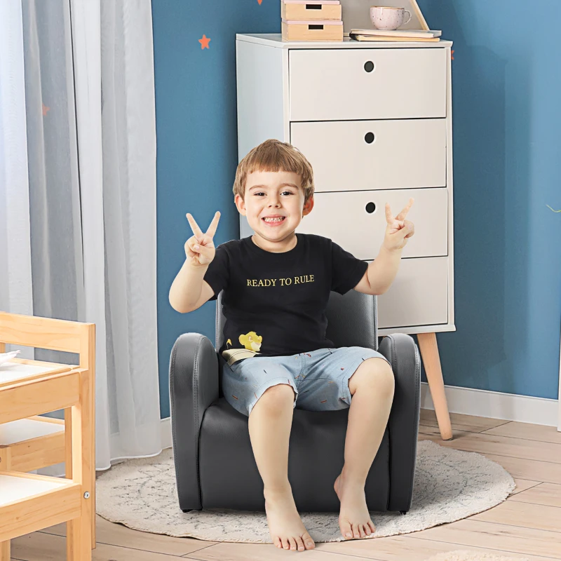 Qaba Kids Sofa Rocking Chair with Side Pocket, PU Leather Toddler Armchair for Children Grey