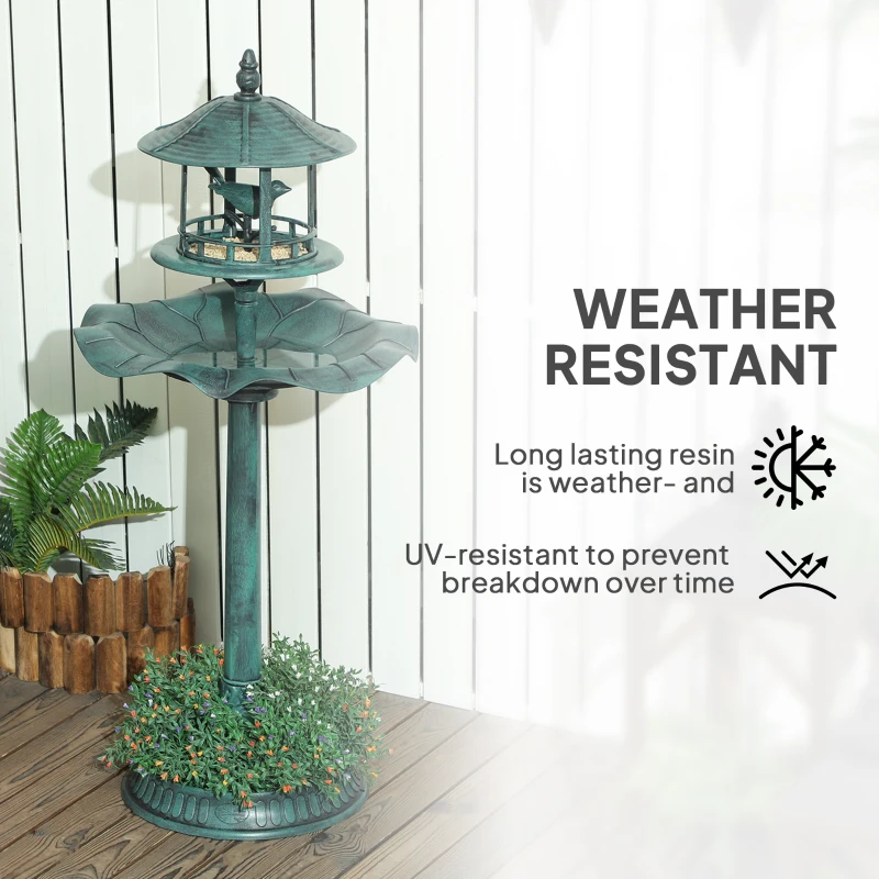Outsunny 3 in 1 Garden Bird Bath Bowl Pedestal with Bird Feeder, Large Water Basin, Underneath Flower Planter, Green