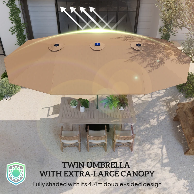 Outsunny Garden Parasol 14.4 ft. Double-Sided Sun Umbrella with Base, Patio Parasol with LED Solar Lights, Khaki