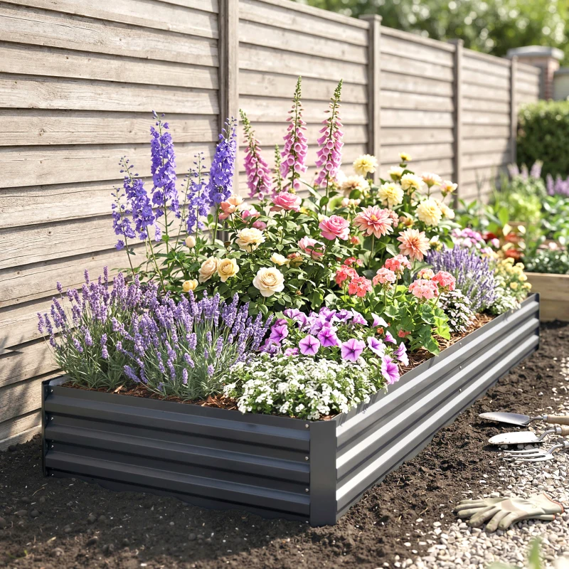 Outsunny 95" x 36" x 12" Galvanized Raised Garden Bed, Easy DIY and Cleaning for Growing Flowers, Herbs, Succulents, Gray