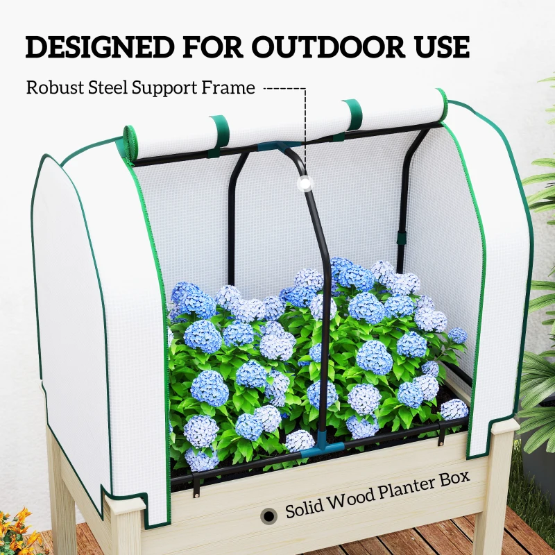 Outsunny Raised Garden Bed with PE Greenhouse Cover Outdoor Planter Box for Herbs and Vegetables, 35 x 22 x 47 inch, Natural