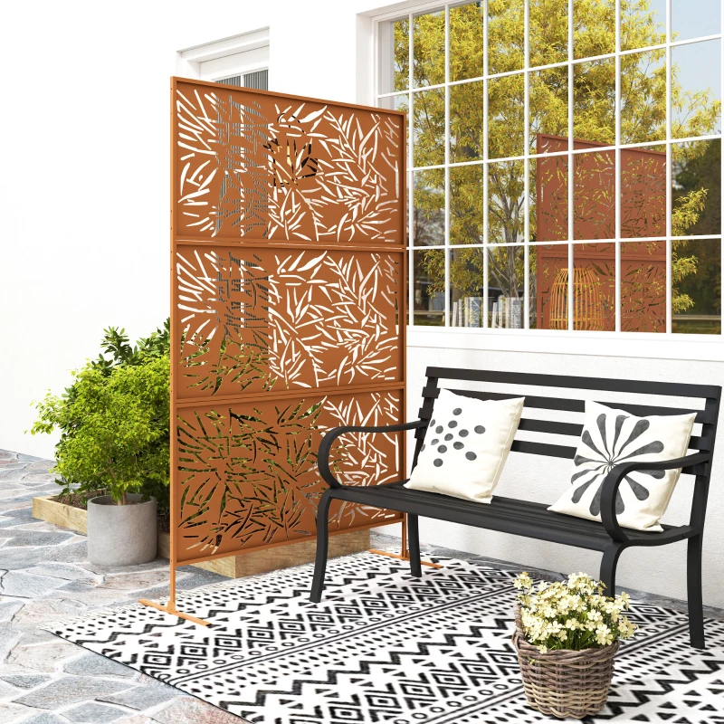 Outsunny Decorative Privacy Fence Screen, Metal Outdoor Privacy Screen Climbing Plant Trellis with Stand, Bamboo Brown