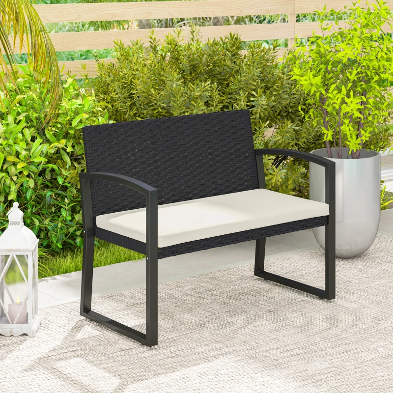 Outsunny 2 Seater Outdoor Bench, Rattan Garden Bench Loveseat with Cushion, Armrests, Steel Frame for Patio, Porch, Beige