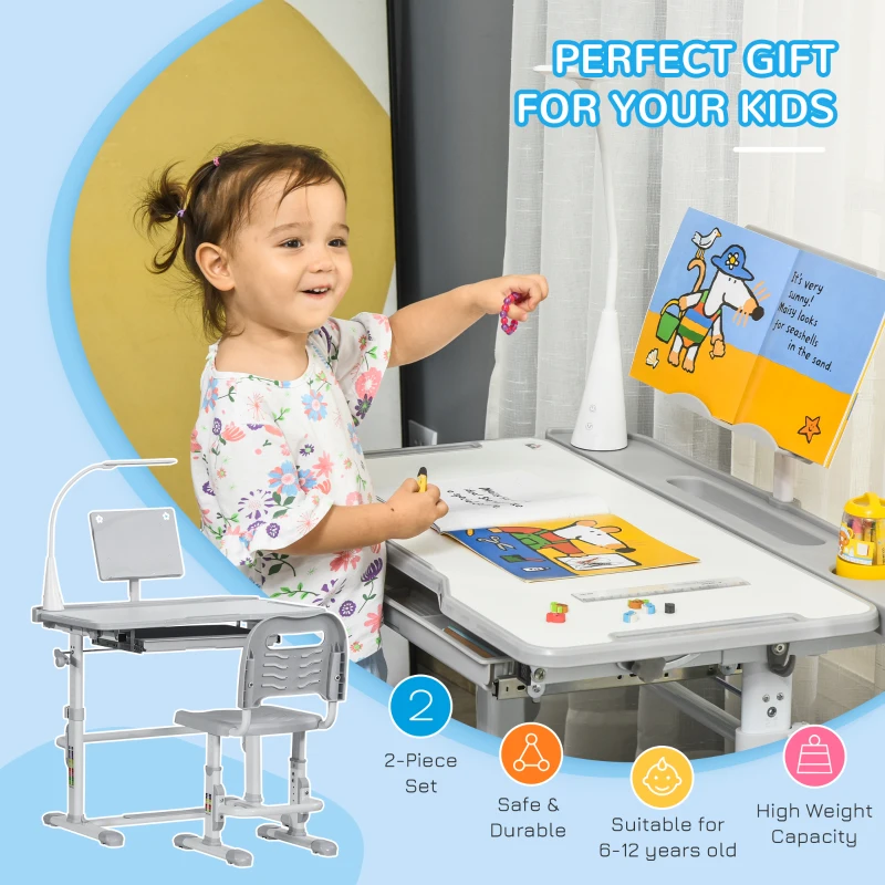 Qaba Kids Desk and Chair Set, Height Adjustable School Study Table and Chair, Student Writing Desk with Tilt Desktop, LED Light, Pen Box, Drawer, Reading Board, Cup Holder, and Pen Slots, Grey
