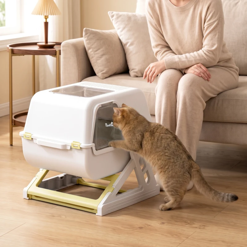 PawHut Cat Litter Box with Lid, Enclosed Cat Litter Box with Deodorization Bag & Drawer Pan, High Sides & Flip-to-Clean