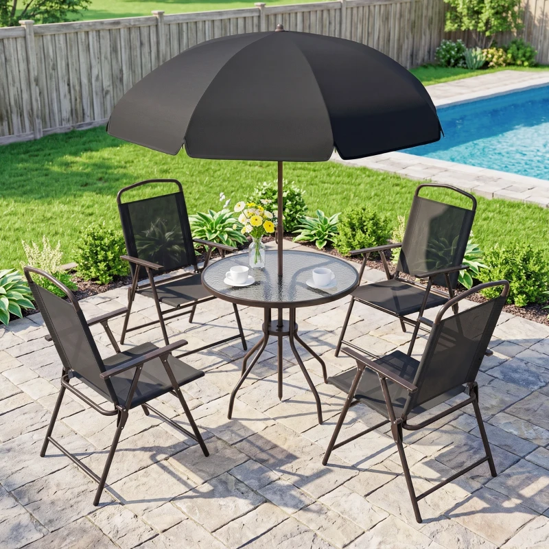 Outsunny 6 Piece Patio Dining Set for 4 with Umbrella, Outdoor Table and Chairs with 4 Folding Dining Chairs & Round Glass Table for Garden, Backyard and Poolside, Black and Coffee