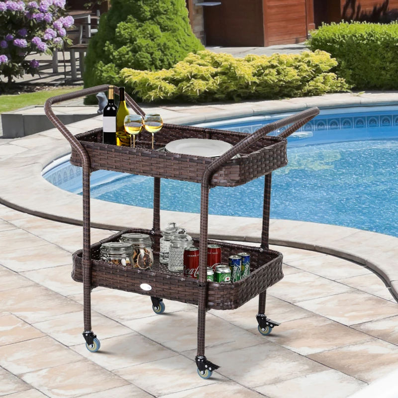 Outsunny PE Rattan Outdoor Bar Table, Outdoor Kitchen Island with 2-Tier Shelf, Wheeled Patio Serving Cart with Brakes for Poolside, Garden, Brown